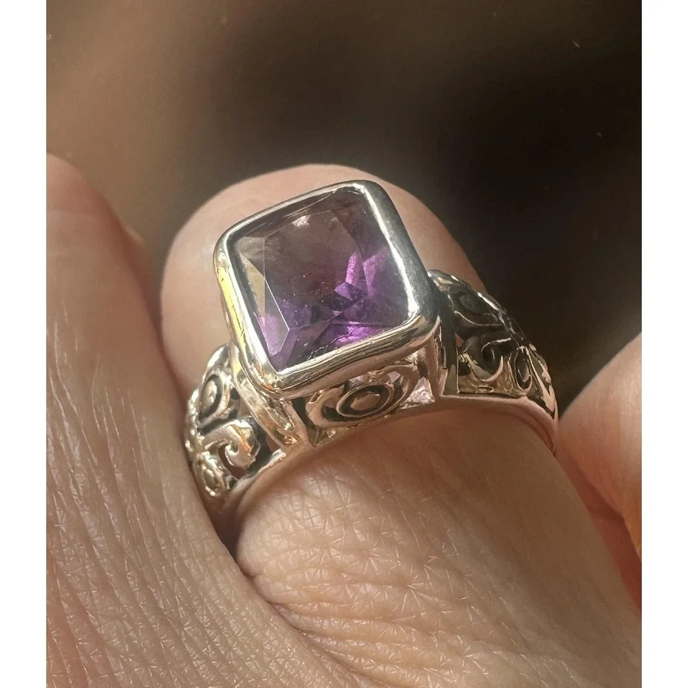 VTG 925 Sterling Silver Amethyst Ring Womens‎ Cushion Bezel Filigree Bali Style